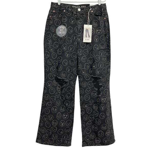 Gemma Rae Jeans Black Emoji Print Wide Leg Distressed Skater Baggy Size 15/32 - Picture 1 of 14